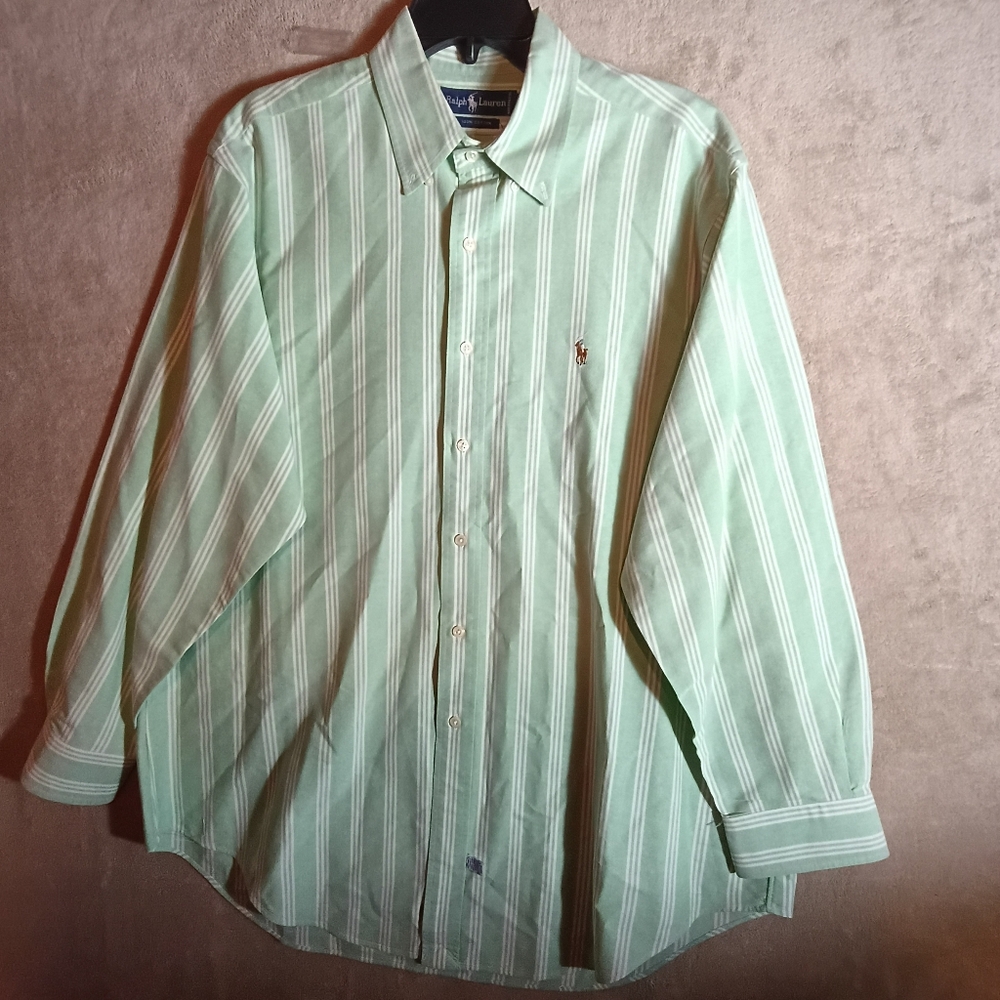 POLO RALPH LAUREN CLASSIC FIT Men 17/34 Green Striped Button-Up Shirt
